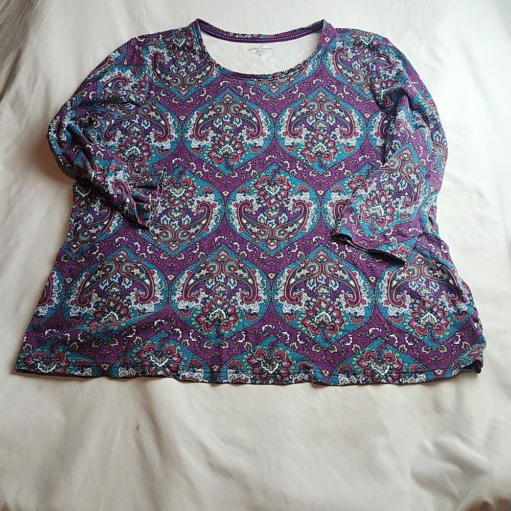 Laura Scott Woman Long Sleeve Top Purple Teal Paisley Print Plus Size 1X